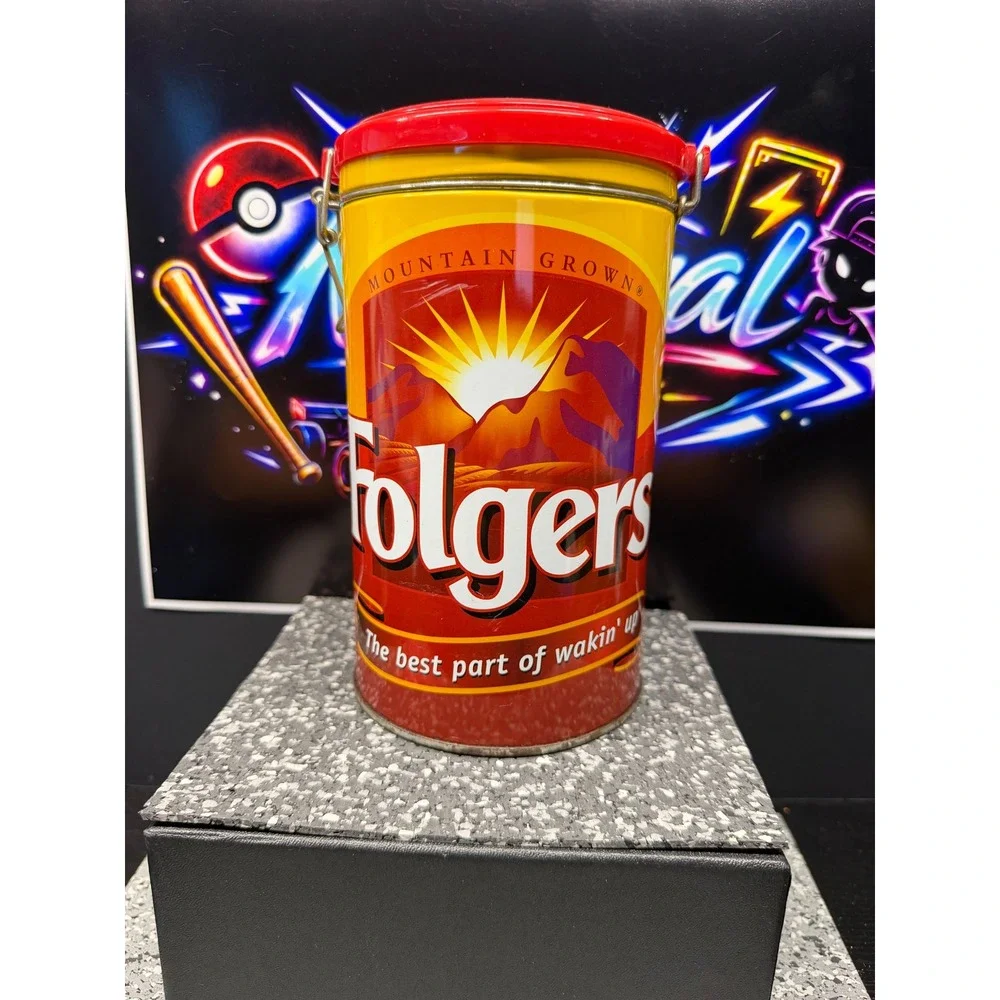 Folgers Coffee Tin Houston Harvest Hinged Lid Wire Bale Collectible Canister